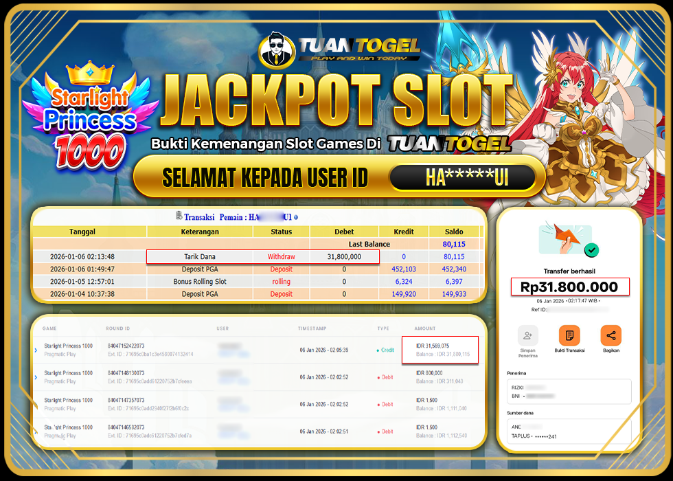 TUANTOGEL JACKPOT SLOT STARLIGHT PRINCESS 1000 Rp31.800.000,- LUNAS